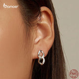 925 Silver Double Ring Chain Ear Studs Earrings Zircon Pendant