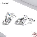 925 Silver Double Ring Chain Ear Studs Earrings Zircon Pendant