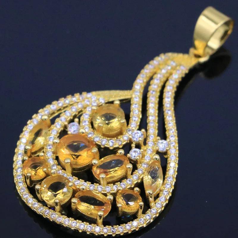 European Jewelry Set w/ Citrine CZ Women 14k Silver Pendant Earrings