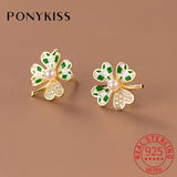 925 Silver Pearl Zircon Grid Clover Stud Earrings