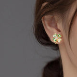 925 Silver Pearl Zircon Grid Clover Stud Earrings