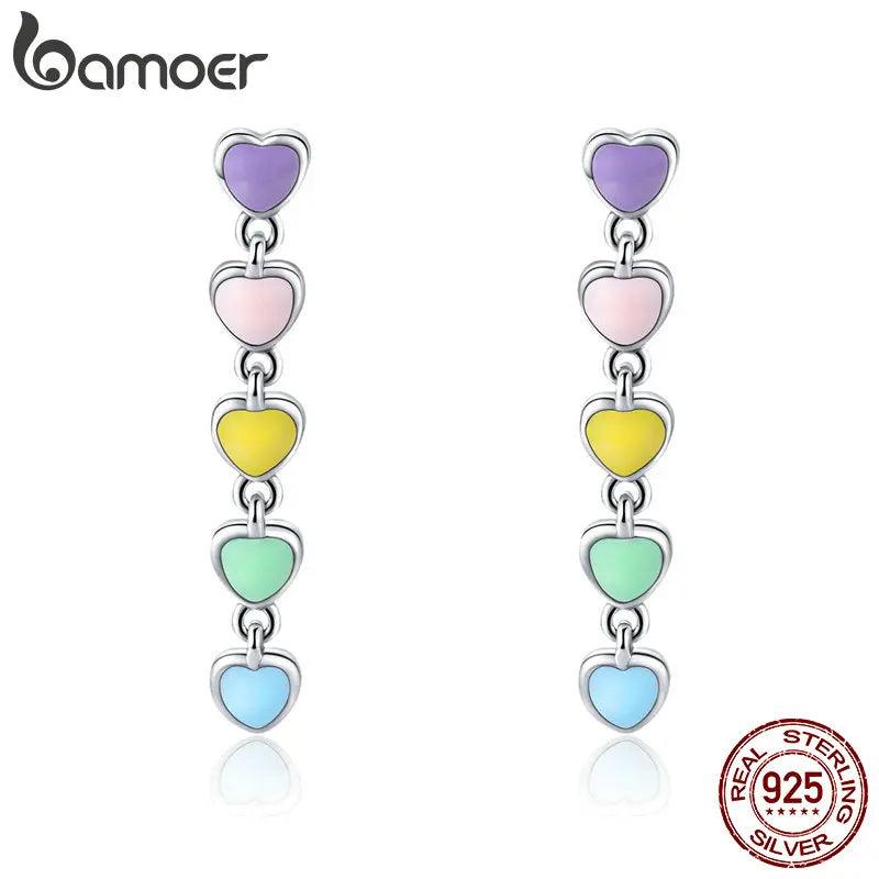 925 Silver Rainbow Heart Enamel Drop Earrings for Women Jewelry