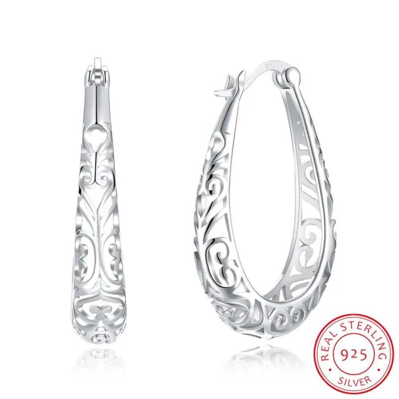 925 Silver Vintage Flower Hoop Earrings Ethnic Jewelry Women