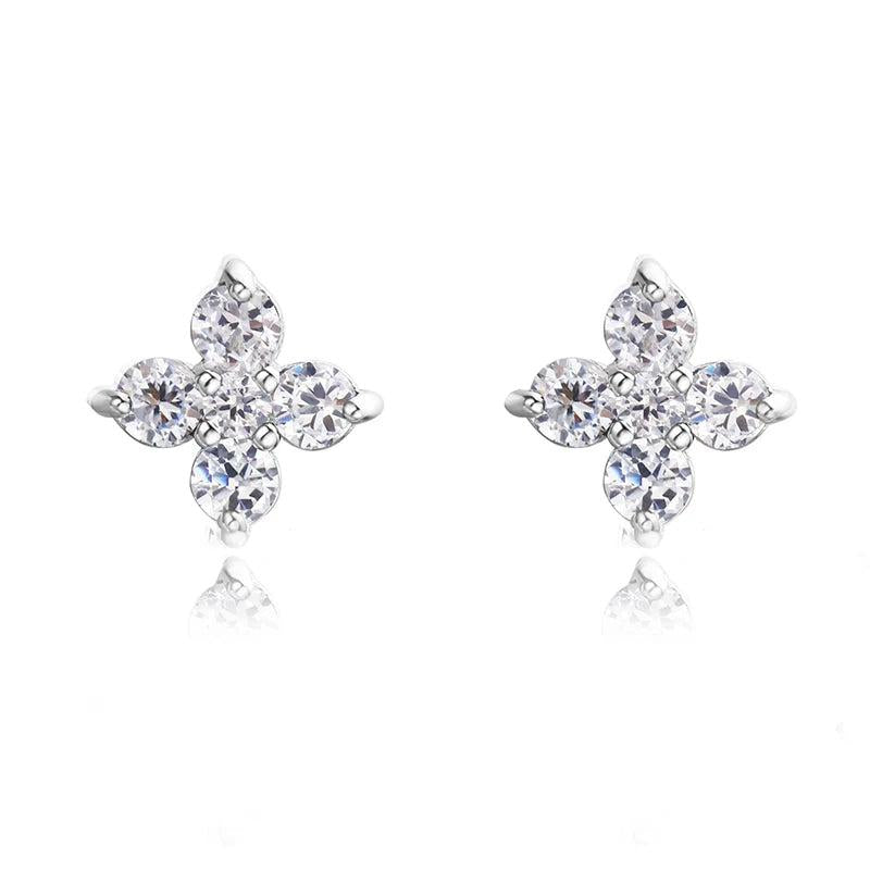 925 Silver Flower CZ Stud Earrings For Women Girls Kids