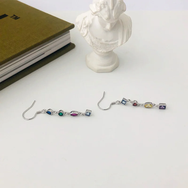 925 Silver Colorful Zircon Tassel Earrings Women Wedding Party