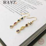 925 Silver Colorful Zircon Tassel Earrings Women Wedding Party