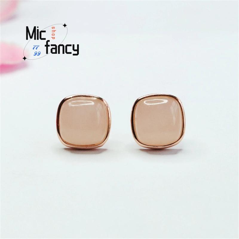 S925 Silver Hetian Jade Square Earrings Pink Stone Lady Sweet Women Jewelry