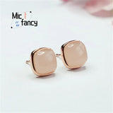 S925 Silver Hetian Jade Square Earrings Pink Stone Lady Sweet Women Jewelry
