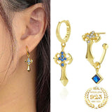 925 Silver Square Hoop Earrings Zircon Ankh Cross Drop Earrings Women