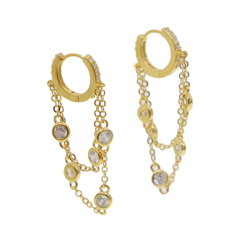 925 Sterling Silver Round Cz Tassel Chain Small Hoop Earrings For Women