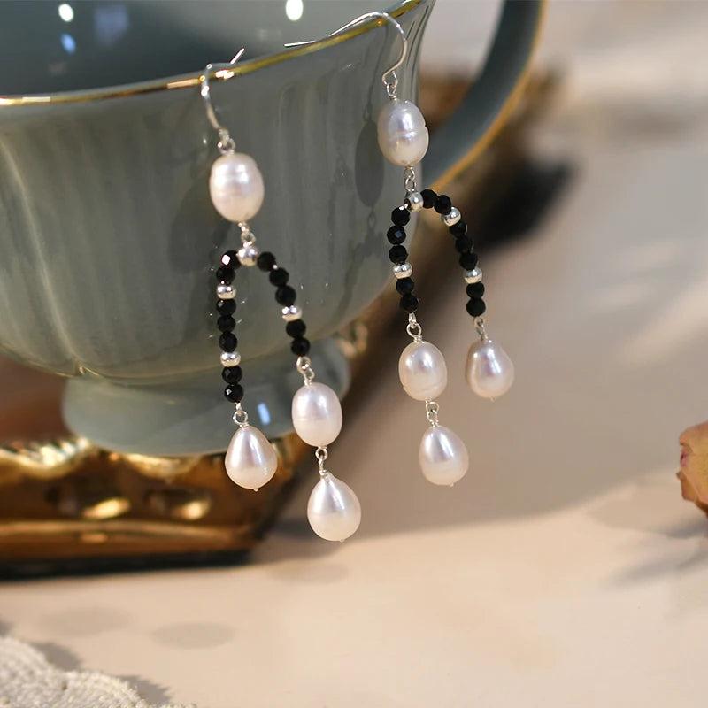 Freshwater Pearls Spinel Long Earrings 925 Silver Women's Jewelry