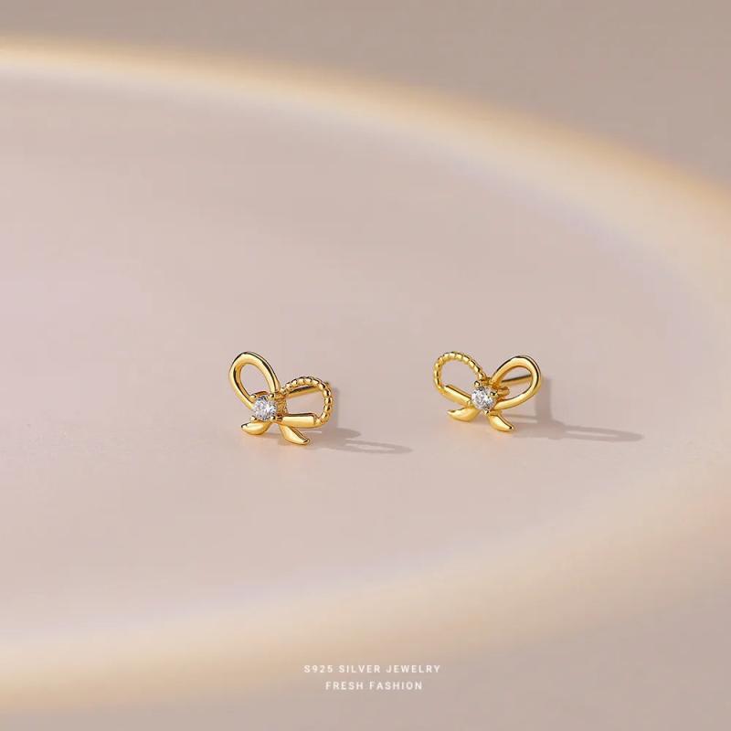 925 Silver Bow Earrings Zircon Inlaid French Retro Jewelry