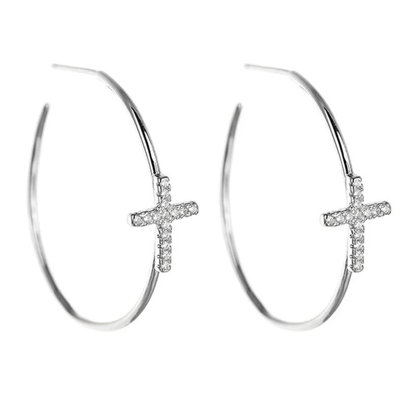 925 Silver Circle Cross Hoop Earrings Women Fine Jewelry
