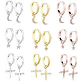 925 Silver Hoop Earrings Star Moon Cross Huggie Jewelry Women