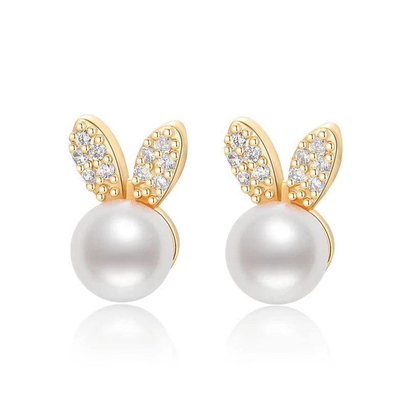 14K Filled Pearl Bunny Stud Earrings Women Party Jewelry