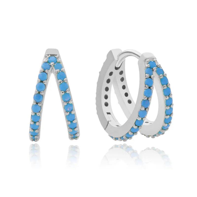 925 Silver CZ Turquoise Moon Hoop Earring Colorful Double Hoop Women Jewelry