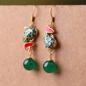 Vintage Carp Fish Dangle Earrings Retro Green Agate Pendant Women Jewelry
