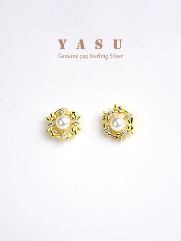 Yasu 925 Silver Vintage Natural Pearl Stud Earrings Noble Wedding Jewelry