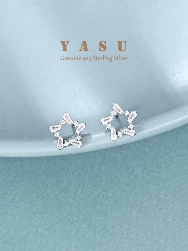 Yasu 925 Silver Zirconia Pentastar Stud Earrings Women Wedding Jewelry