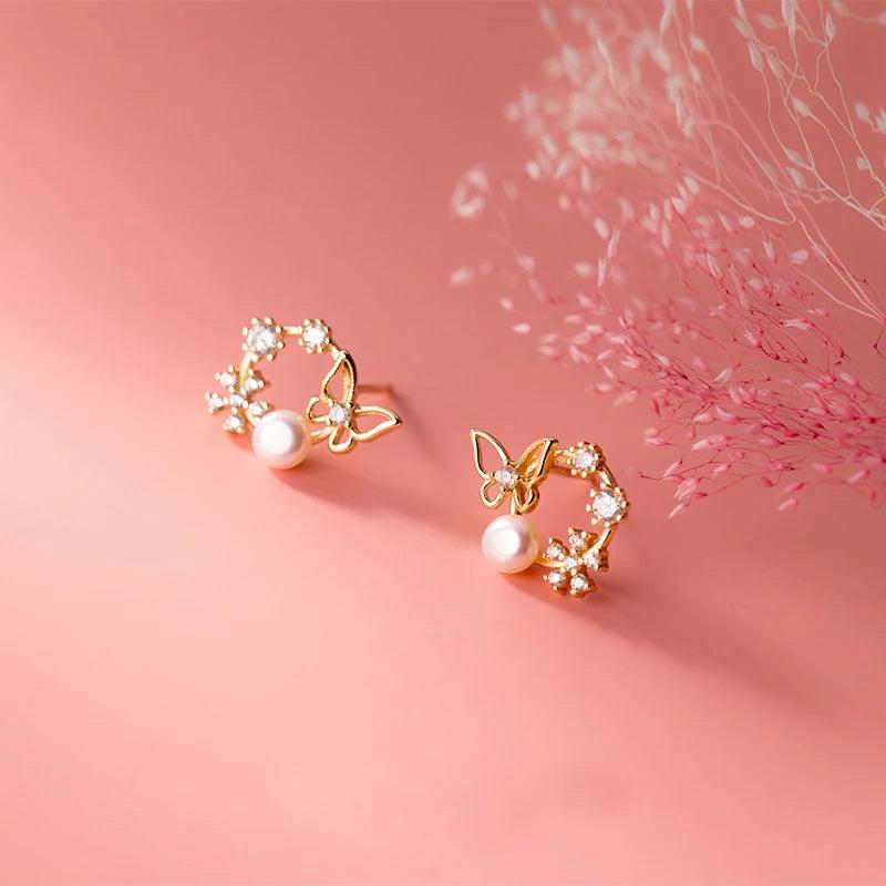 Real 925 Sterling Silver Earrings Butterfly Flowers Pearl CZ Crystal Women