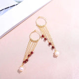 Garnet & Pearl Tassel Earrings, Copper Plated