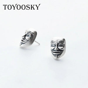 Abstract Art Stud Earrings 925 Thai Silver V Letter Man Face