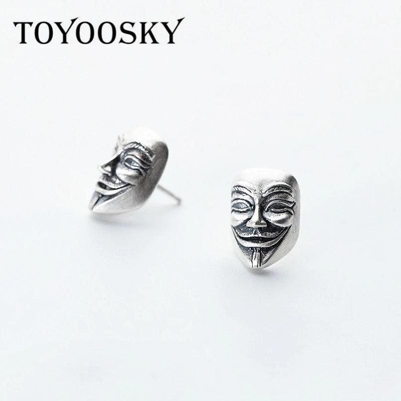 Abstract Art Stud Earrings 925 Thai Silver V Letter Man Face