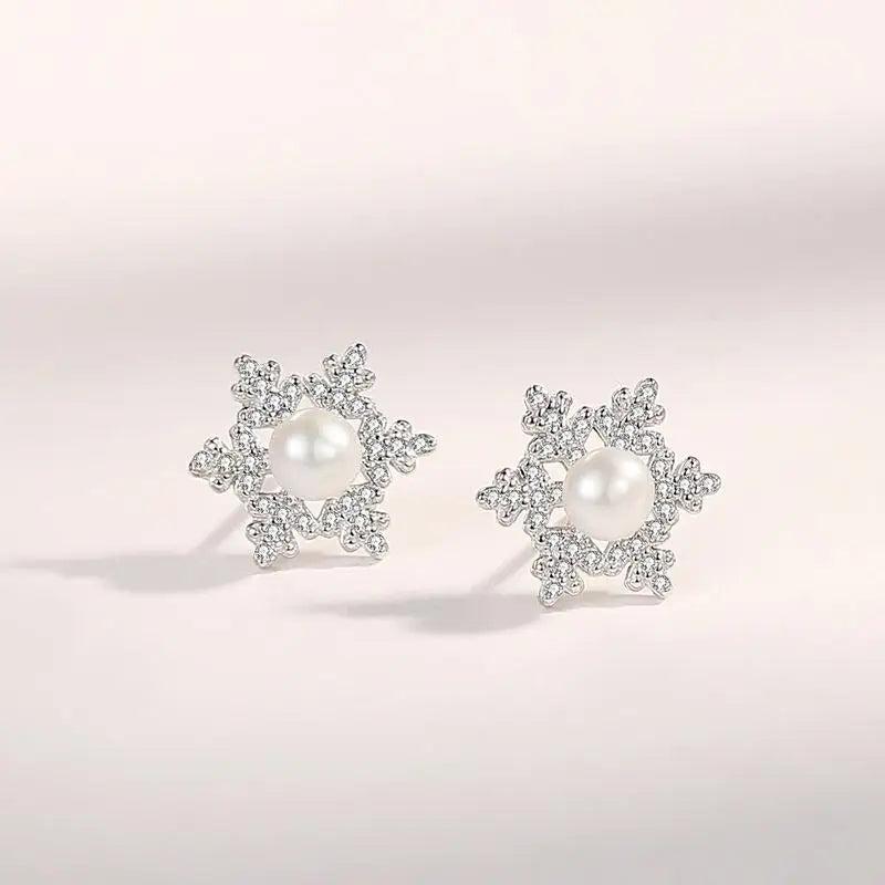 925 Silver Freshwater Pearl Snowflake Stud Earrings Rose Plated Women Jewelry