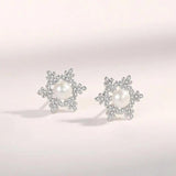 925 Silver Freshwater Pearl Snowflake Stud Earrings Rose Plated Women Jewelry