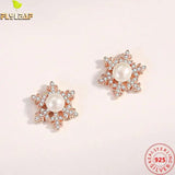 925 Silver Freshwater Pearl Snowflake Stud Earrings Rose Plated Women Jewelry