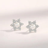 925 Silver Freshwater Pearl Snowflake Stud Earrings Rose Plated Women Jewelry