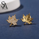 925 Silver Yellow Maple Leaf Stud Earrings Zirconia Asymmetry Earrings
