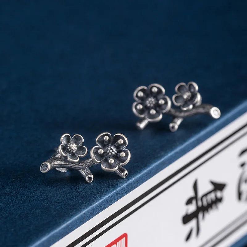 925 Silver Retro Plum Flower Earrings Vintage Jewelry Girl Gift
