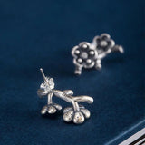 925 Silver Retro Plum Flower Earrings Vintage Jewelry Girl Gift