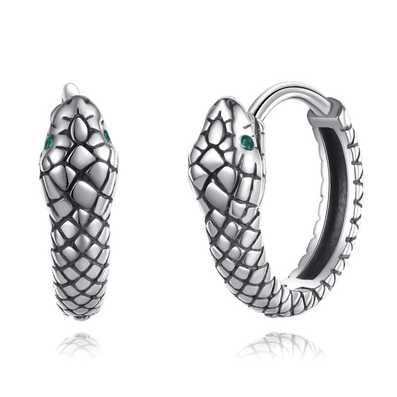 925 Silver Snake Ear Buckles Green Zircon Hoop Earrings Women Statement Jewelry