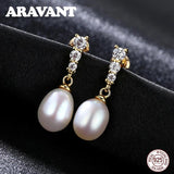 Sterling Silver Pearl Stud Earrings with CZ Pave