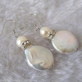 Freshwater Pearl Round Coin Silver Dangle Earrings