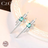 925 Silver Emerald Blue-Green Gemstone CZ Stud Earrings