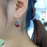 Green Agate Earrings 925 Silver Red Zircon