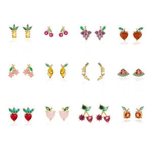 925 Silver Tropical Fruit Stud Earrings Set, 12 Styles Zircon Earrings