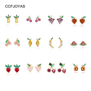925 Silver Tropical Fruit Stud Earrings Set, 12 Styles Zircon Earrings