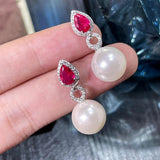 925 Silver Pearl 12MM Ruby Sapphire Earrings Anniversary Gift
