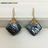 Green Pearl Gold-Plated Dangle Earrings Baroque Square Shape