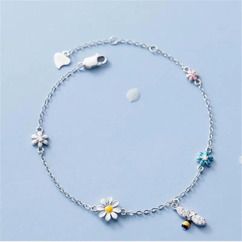 925 Silver Tassel Zircon Daisy Bee Charm Bracelet Bangle for Women