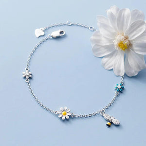 925 Silver Tassel Zircon Daisy Bee Charm Bracelet Bangle for Women