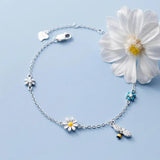 925 Silver Tassel Zircon Daisy Bee Charm Bracelet Bangle for Women