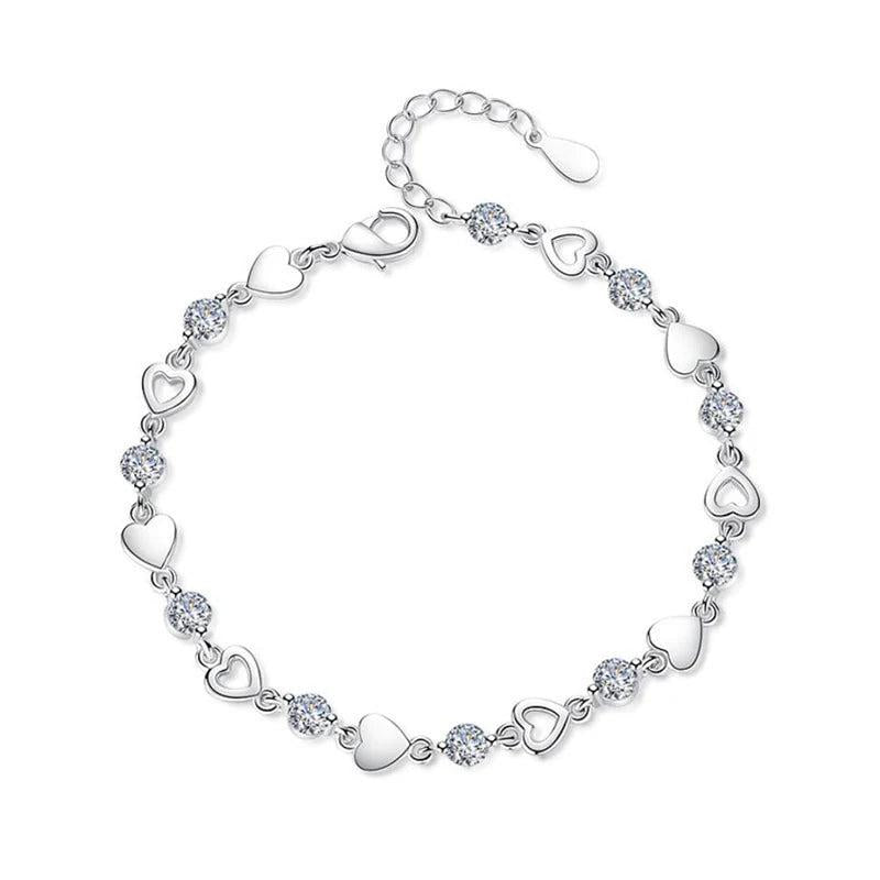 925 Silver Love Heart Zirconia Charm Bracelet Crystal Wedding Party Jewelry