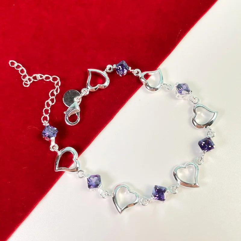 925 Silver Heart Purple Crystal Bracelet For Woman