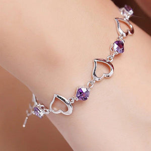925 Silver Heart Purple Crystal Bracelet For Woman