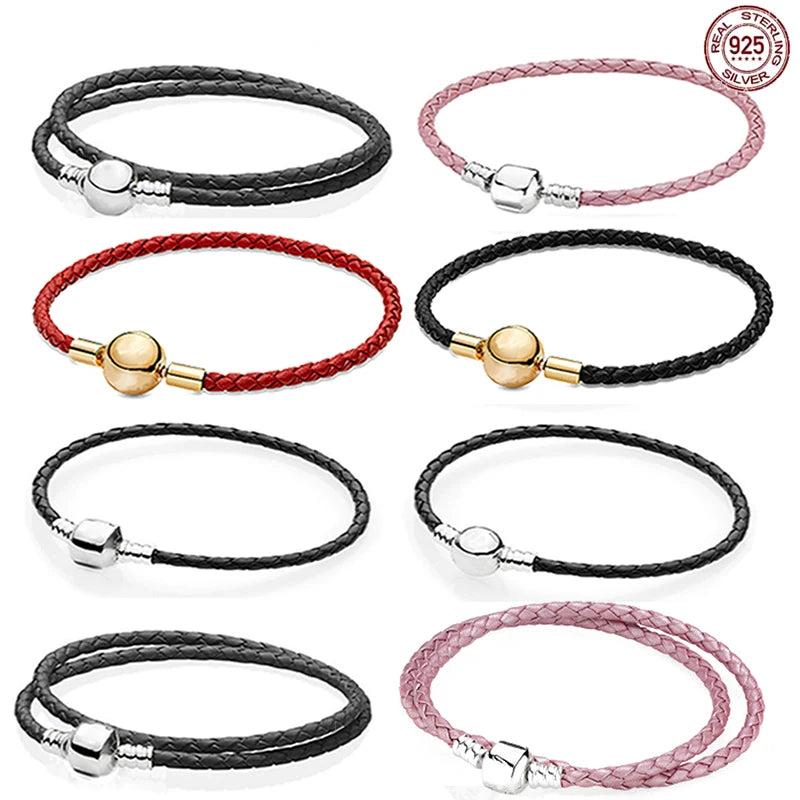 925 Sterling Silver Pink Leather Charm Bracelet for DIY Men Women